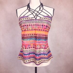 Island Escape Multicolor Geometrical Print Tankini Swim Top Size 12